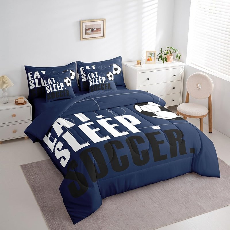 Feelyou Soccer Ball Comforter Set with Sheets Full Size Soccer Field 7 Pieces Bedding Set for Kids Boys Girls Teens Football Sports Ball Game Bed in a Bag Gift for Football Lover Bed Set