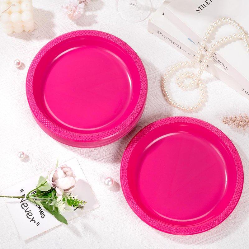 WELLIFE Hot Pink Plastic Plates 10 Inch 50 Count Disposable Plate for Party, Large Big Plates for Dinner Party Supplies Birthday Camping BBQ
