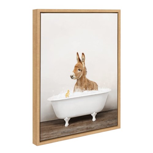 Kate and Laurel Sylvie Baby Donkey in Rustic Bath Framed Canvas Wall Art by Amy Peterson Art Studio; 18x24 Natural; Modern Fun Decorative Bathtub Wall Art for Home Décor