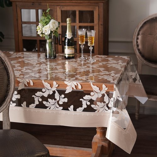 Artbloss Vinyl Table Cloth Rectangle Clear Table Cover Protector with Block Printed Pattern Oil Spill Proof Farmhouse Rustic Plastic Table Covers for Dining Tables (Scroll Grass, 55 x 120 Inches)