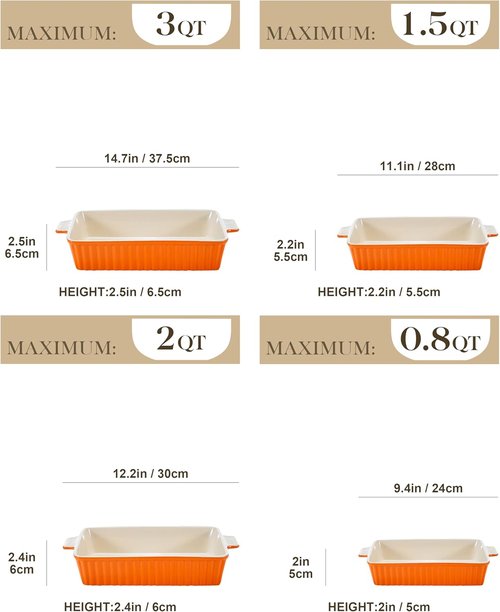 MALACASA Bakeware Set - 4-Piece Porcelain Baking Pans for Oven | Casserole & Lasagna Dishes, Orange