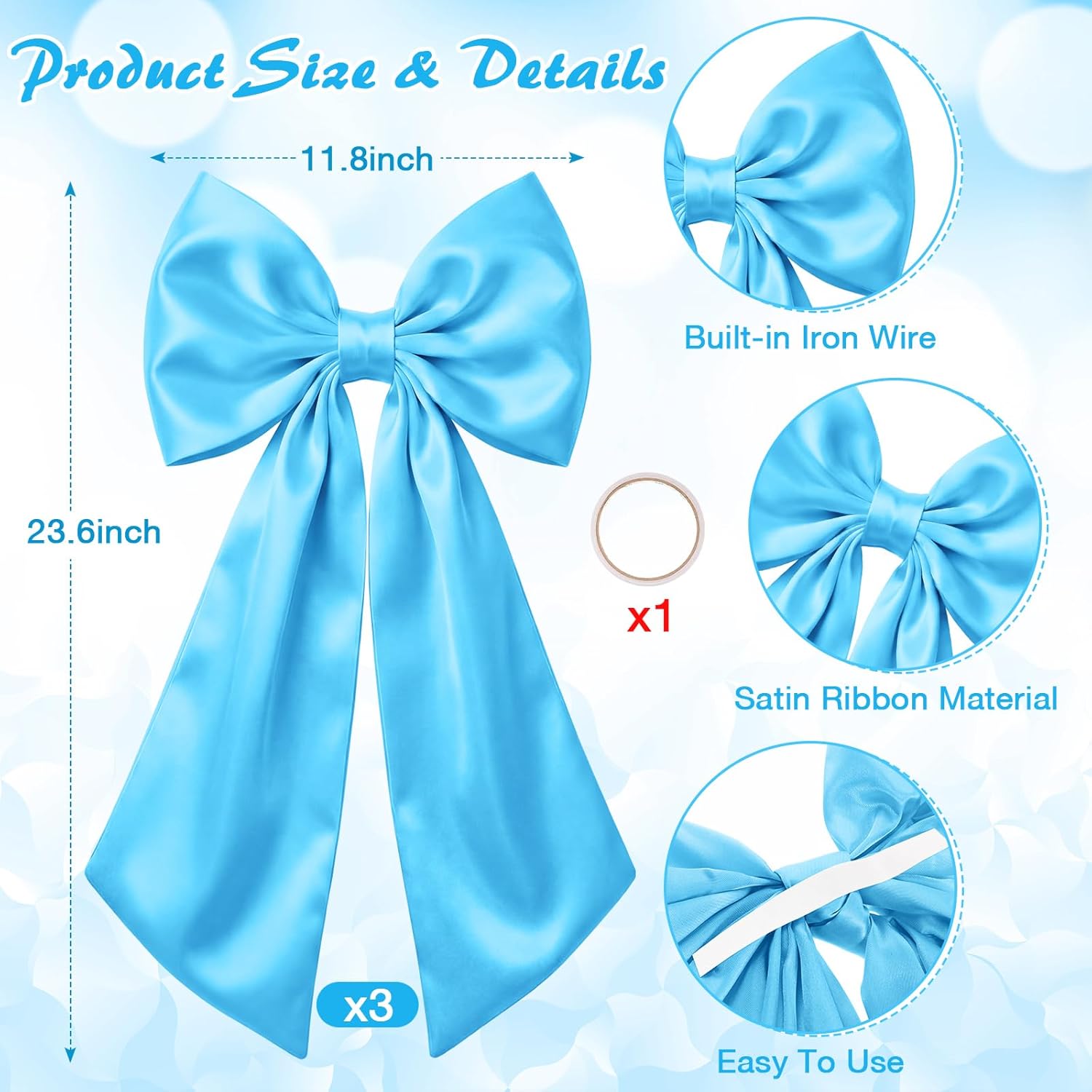 Suncalla Large Sky Blue Satin Bow Decorations - 3 Pcs | 2 Ft Hanging Wall Decor for Weddings & Parties