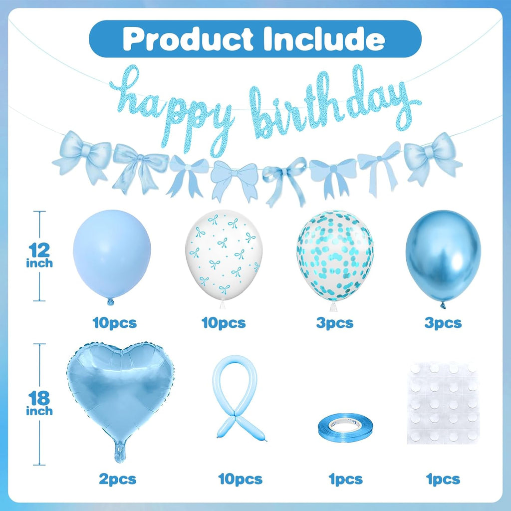 Skiennix Blue Bow Birthday Decorations - Coquette Party Set with Happy Birthday Banner & Heart Foil Balloons