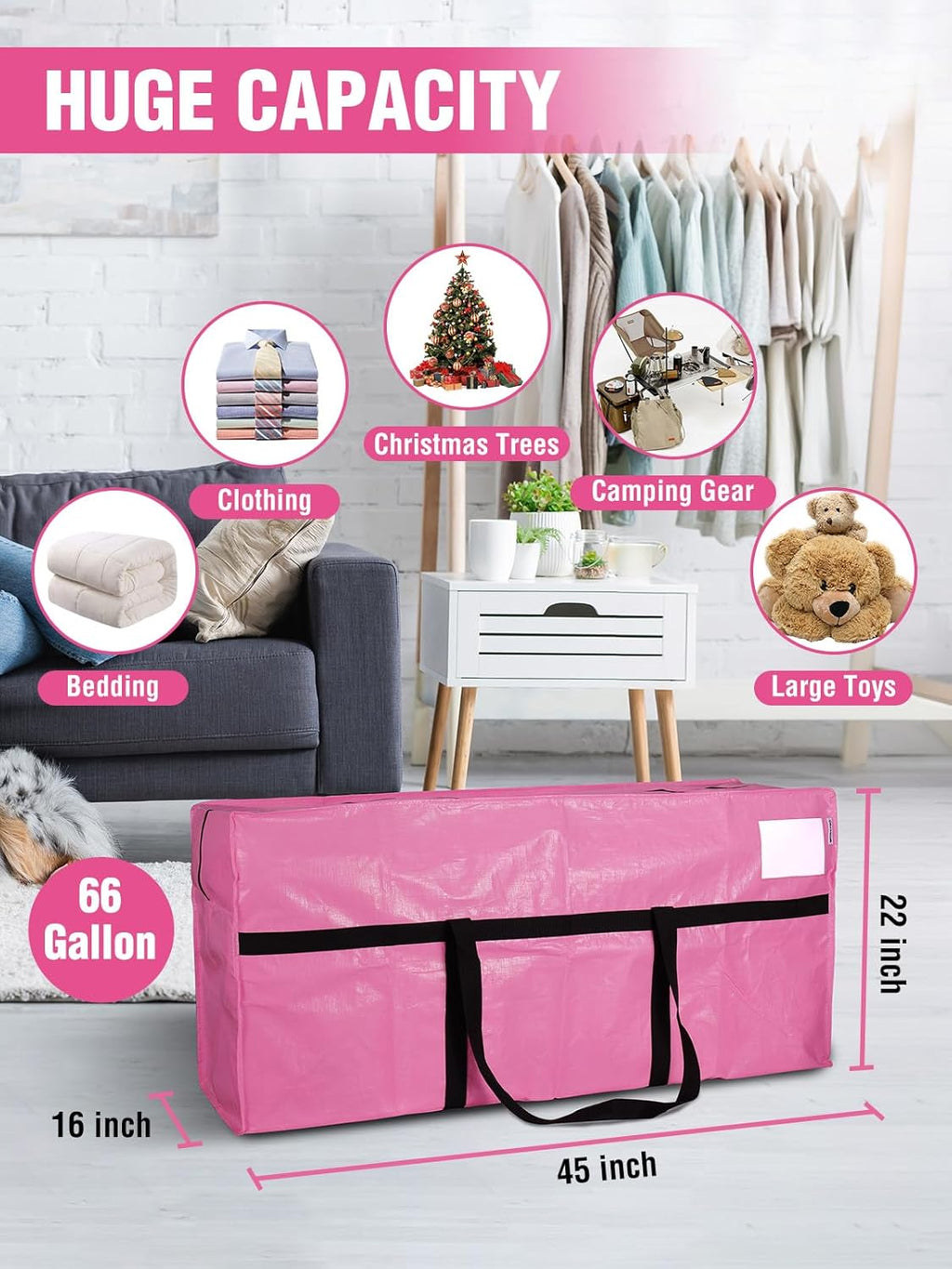 WORKPRO 66 Gallon Extra Large Moving Bags - Heavy-Duty, Water-Resistant Totes with Zippers & Handles | Pink