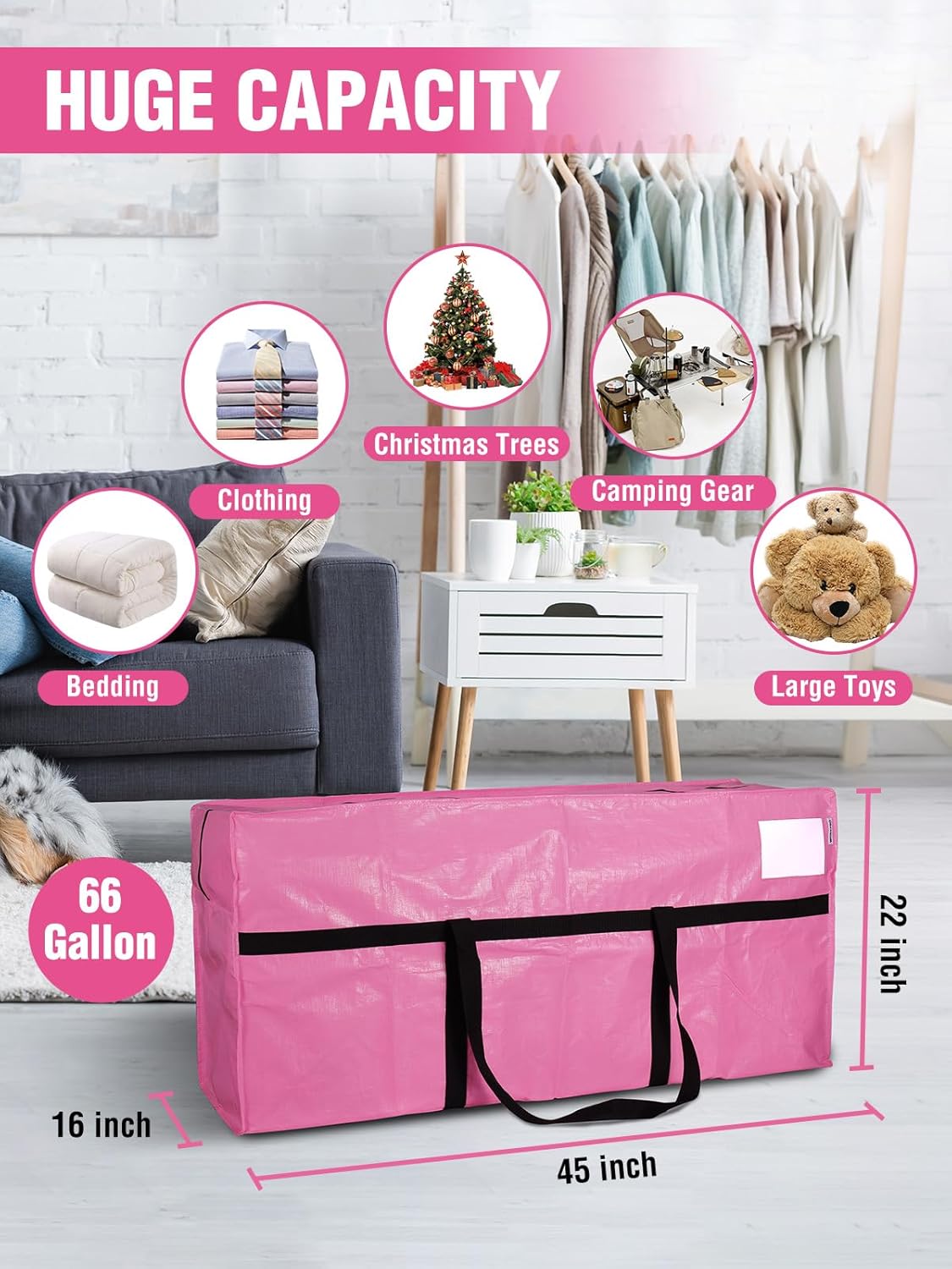 WORKPRO 66 Gallon Extra Large Moving Bags - Heavy-Duty, Water-Resistant Totes with Zippers & Handles | Pink