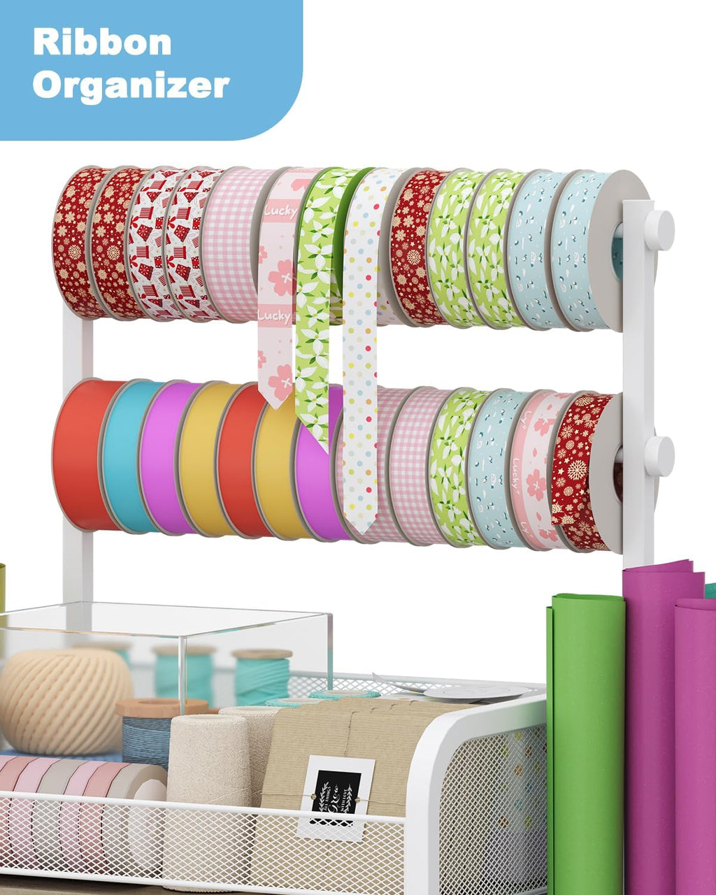 Rsaayekkt Wrapping Paper Storage Cart - Rolling Gift Wrap Station with Fabric Drawer & Ribbon Holder