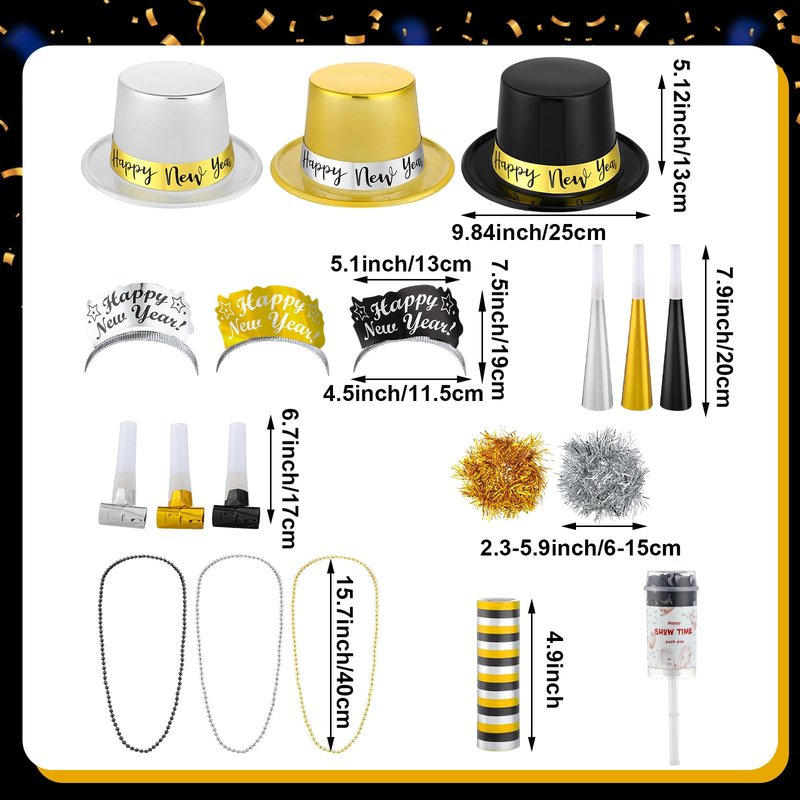 Ceenna 2026 New Year's Eve Party Decorations Supplies for 24 Guests 12 New Year Hats 12 Tiara 12 Blowing Horns 12 Metallic Fringed Noisemakers 24 Necklaces 24 Bracelets 10 Celebrations