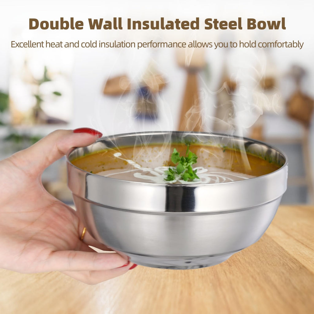Epicover 8 PCS Insulated Stainless Steel Bowls, 24 oz Double Wall Soup Bowl, Cold & Heat Resistant Metal Mixing Bowls, Non-Slip Serving Bowl for Salad Cereal Desserts Fruits