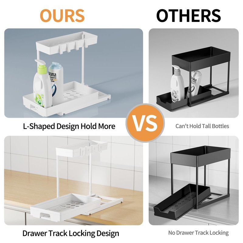 Delamu 2 Pack Under Sink Organizers and Storage, 2 Tier Pull Out Bathroom Cabinet Organizer, L-Shape White Under Bathroom Kitchen Sink Organizer with Drawer for Under Sink Storage Organizer