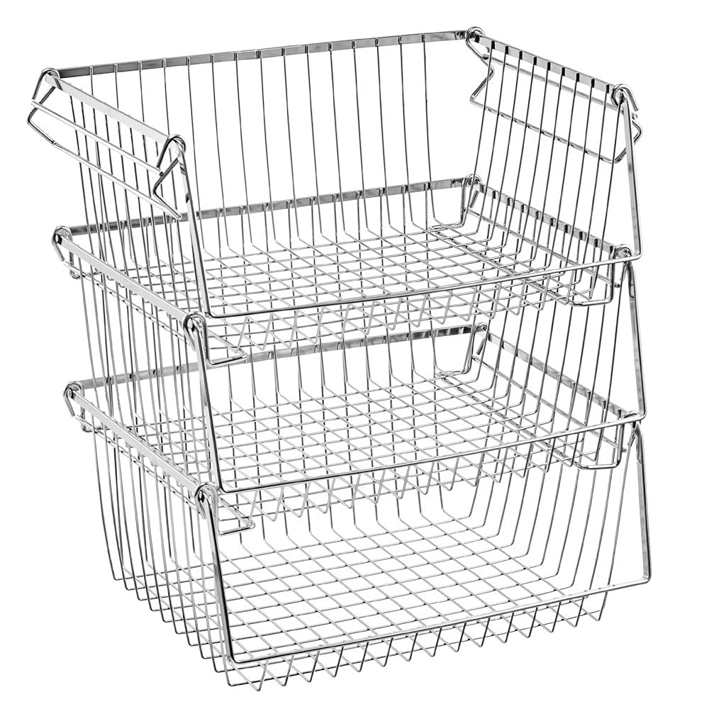 SANNO Stacking Baskets Bin Baskets Wire Storage Baskets Organization Farmhouse Scoop Baksket for Pantry, Kitchen, Closets, Bathroom, Cabinets, Kitchen, Set of 3
