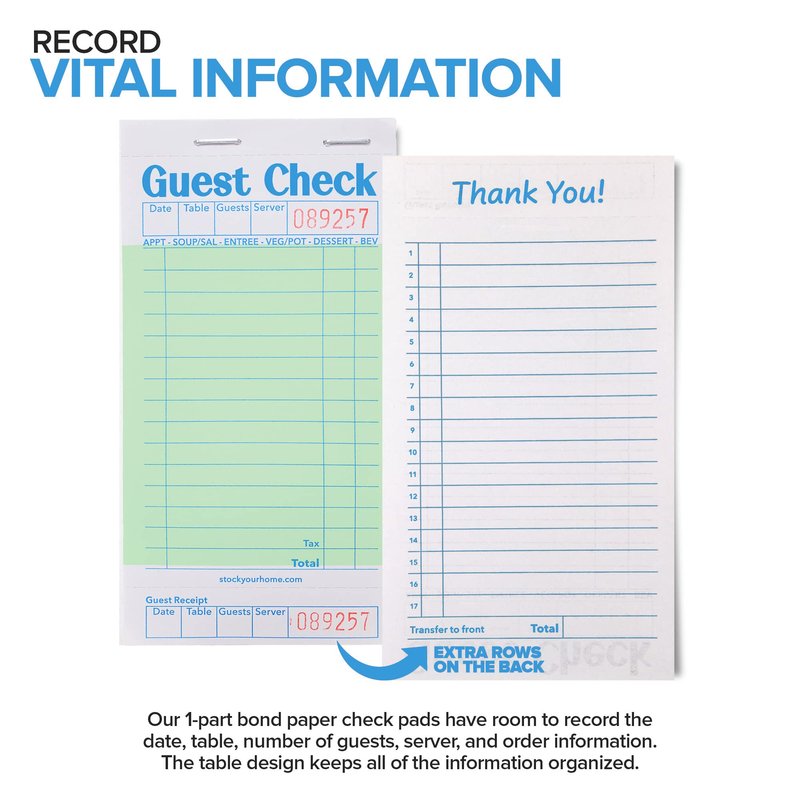 Stock Your Home Green Guest Check Books for Servers (20 Pack) Server Note Pads, Waiter Checkbook, Food Receipt Book, Restaurant Order Pad, Paper Checks, Waitress Accessories, 1000 Total Tickets