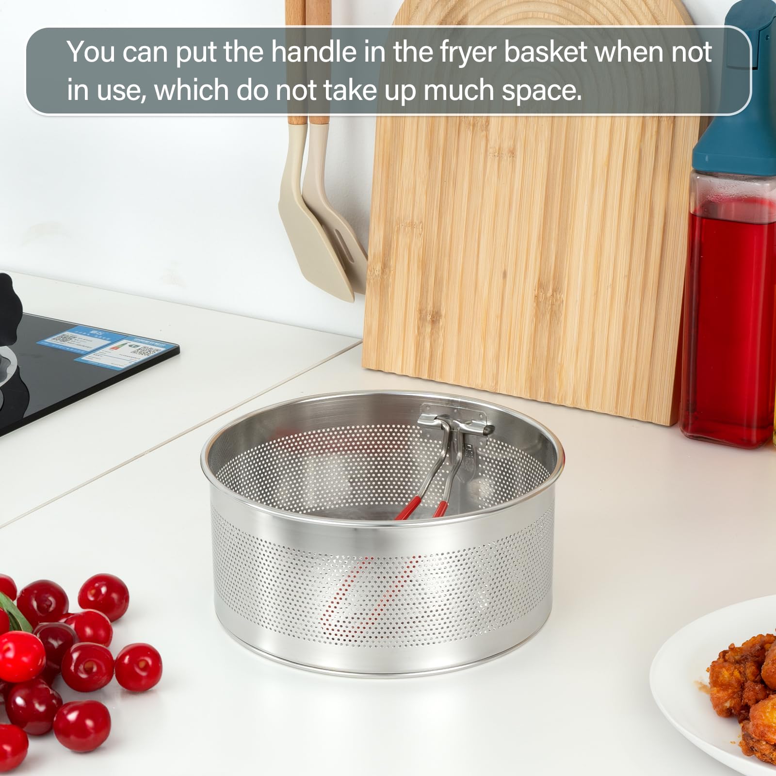 ChimimeDecor Frying Basket, Round Stainless Steel Deep Fryer Basket with Long and Removable Heat Resistant Silicone Handle for Frying French Fries,Chickens,and Boiling Vegetable,Pasta,7 inches