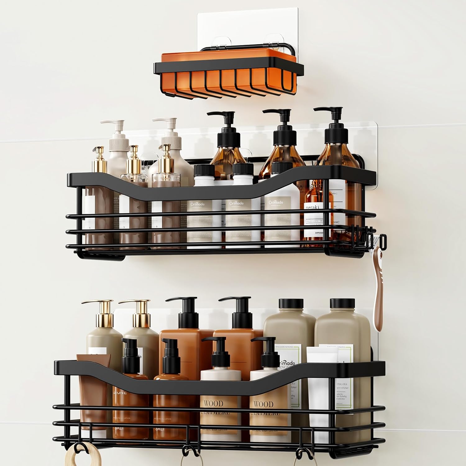 Orimade Shower Caddy Basket - Wall-Mounted Bathroom Organizer with 5 Hooks | 3 Pack, Black, SUS304 Stainless Steel