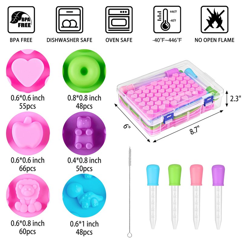 6 Pcs Mini Gummy Candy Molds Set, Silicone Bear Donut Dinosaur Fruit Snack Molds with 4 Droppers, Storage Box and Brush for Small Jello Candy Chocolate Gummy