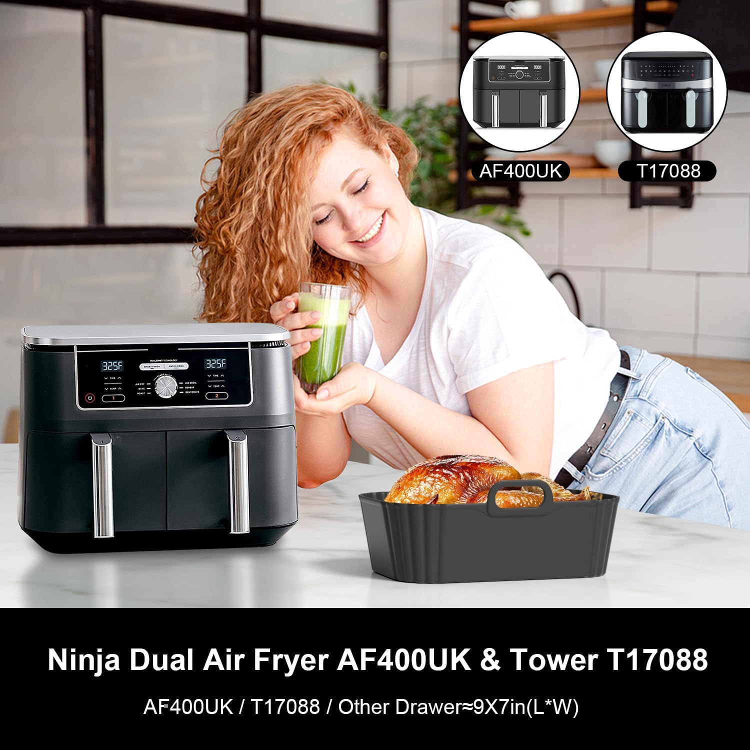 Skiennix Silicone Air Fryer Liners - Reusable & Compatible with Ninja Foodi & COSORI 9QT | 2 Pack