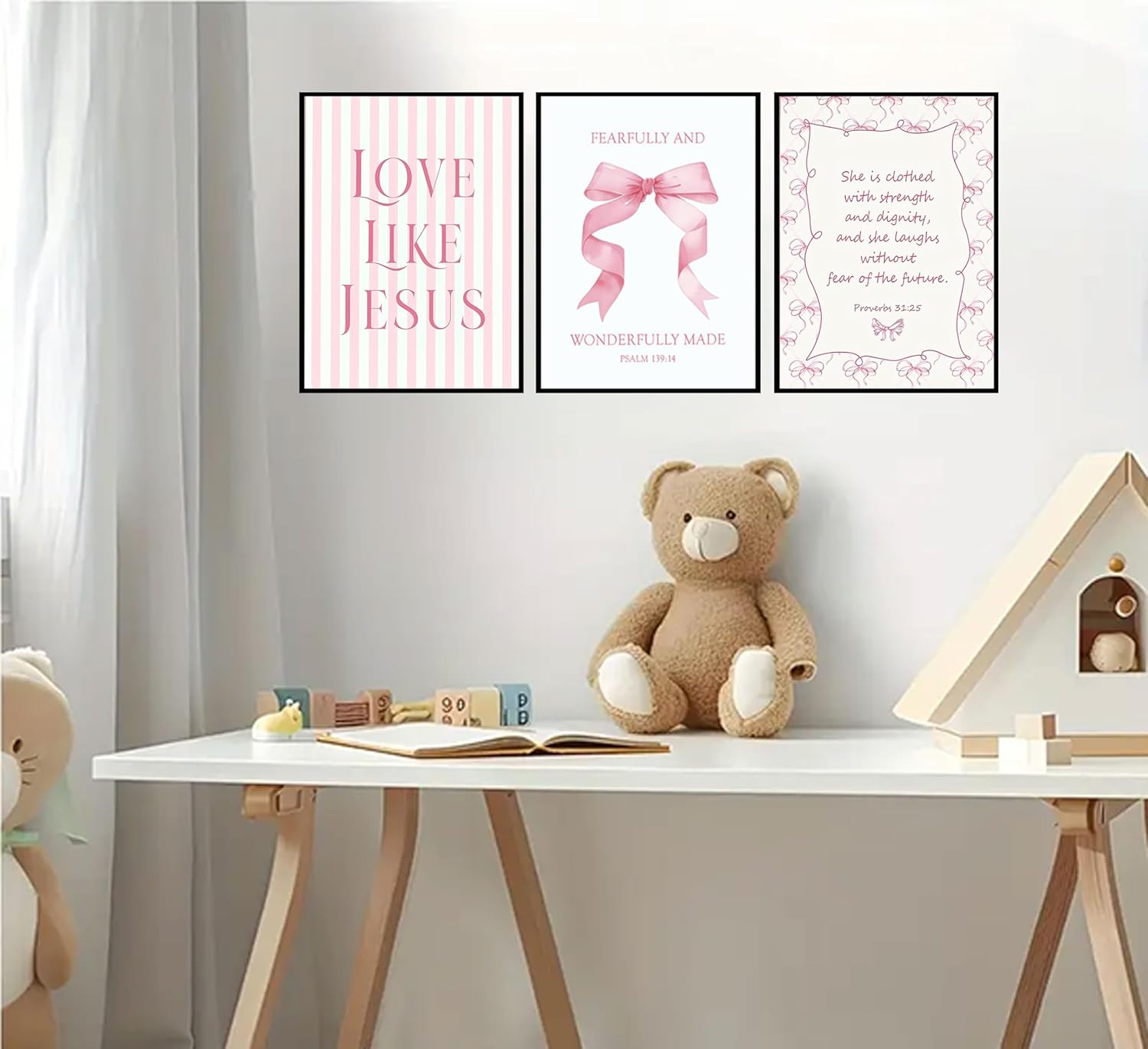 Skiennix Pink Christian Wall Art - Inspirational Bible Verse Canvas Prints | 3-Piece Set, 12x16in Unframed