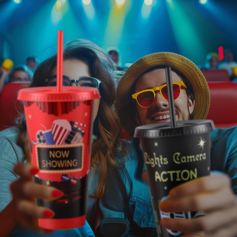 Sweetude 12 Pcs Movie Night Cups Movie Night Party Supplies Favors Movie 24oz Cups with Lid and Straw Disposable Plastic Cups for Movie Party Decorations Birthday Party Favors
