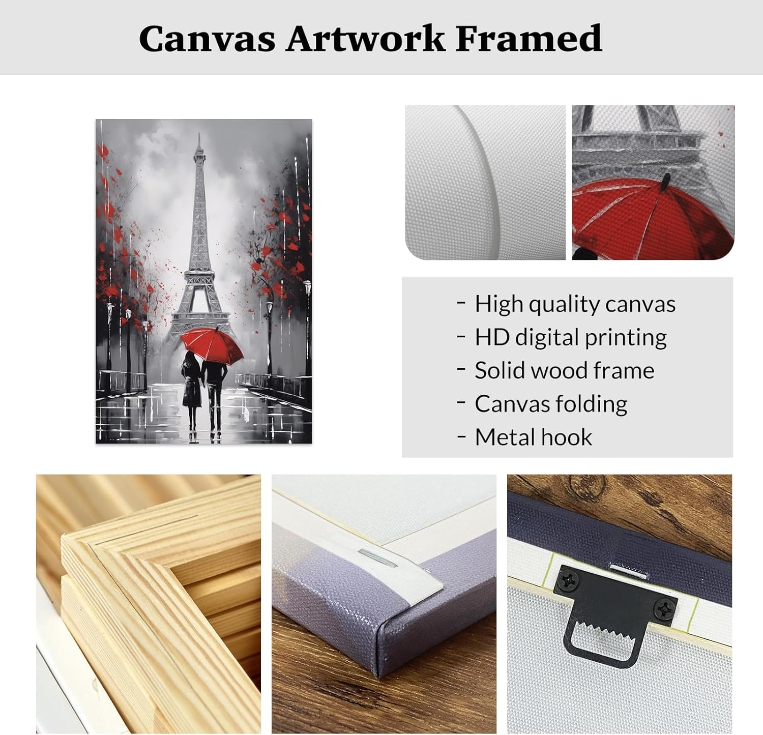 ZXHYWYM Paris Wall Decor - Framed Eiffel Tower Canvas Painting | Romantic Couple with Red Umbrella (12" x 18")