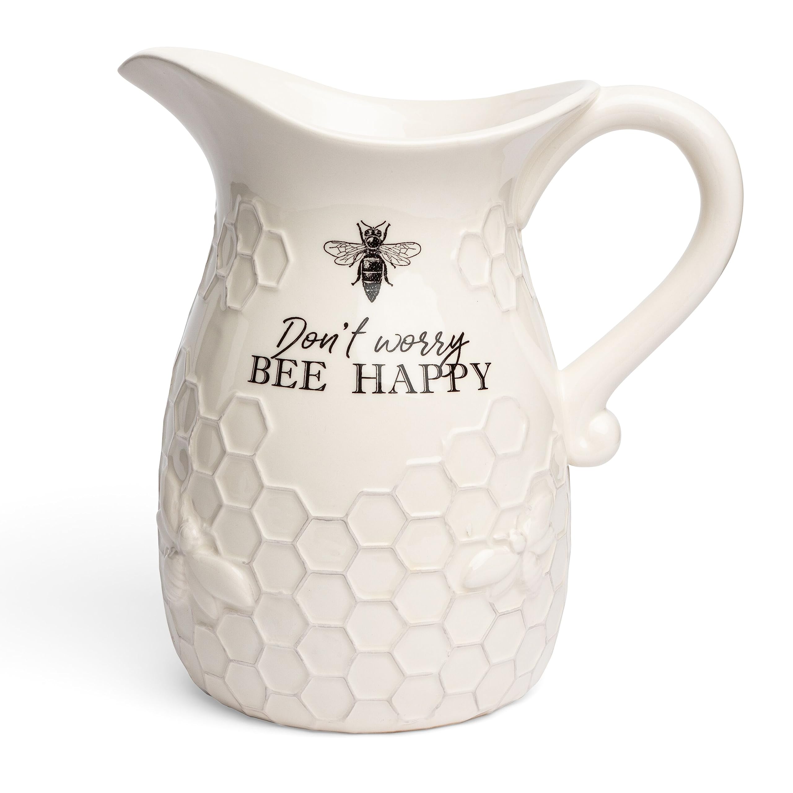 Young's Inc. Ceramic Water Pitcher - Large Serving Pitcher for Iced Tea, Coffee, and Cold Drinks - Ideal for Family Gatherings, Dinner Parties, and Brunches - 9" x 9" x 10" - Don't Worry Bee Happy