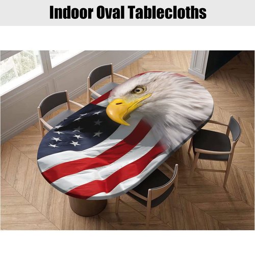 4th of July Oval Fitted Tablecloths, American Bald Eagle on American Flag Elastic Edged Table Covers, Fits Tables up to 48" x 68", Windproof Table Cloths for Indoor Restaurant Outdoor Dining Decor