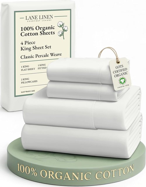 LANE LINEN 100% Organic Cotton King Bed Set - Ultra Soft 4-Piece Crisp Percale Weave | Deep Pocket Sheets in Glacier Grey