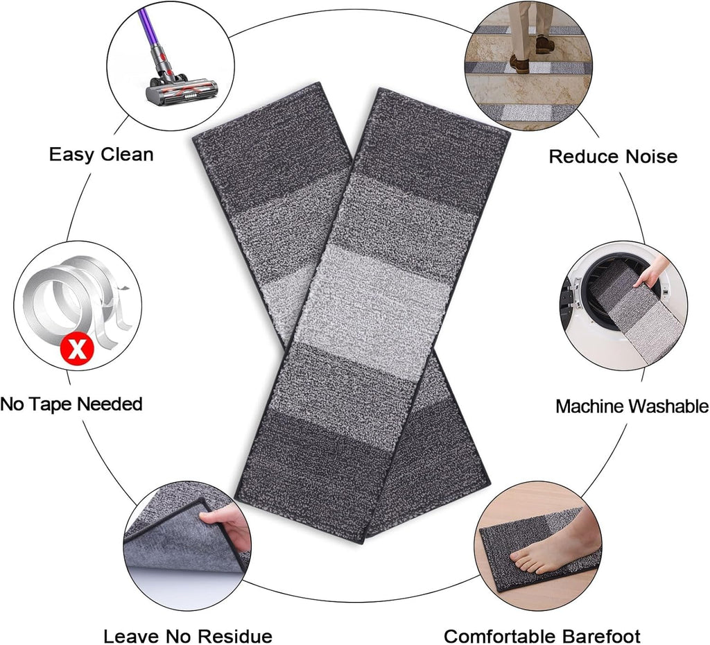 OLANLY Non-Slip Stair Treads - 15PCS Indoor Stair Runners for Wooden Steps | 8" x 30" Grey Edging Rugs