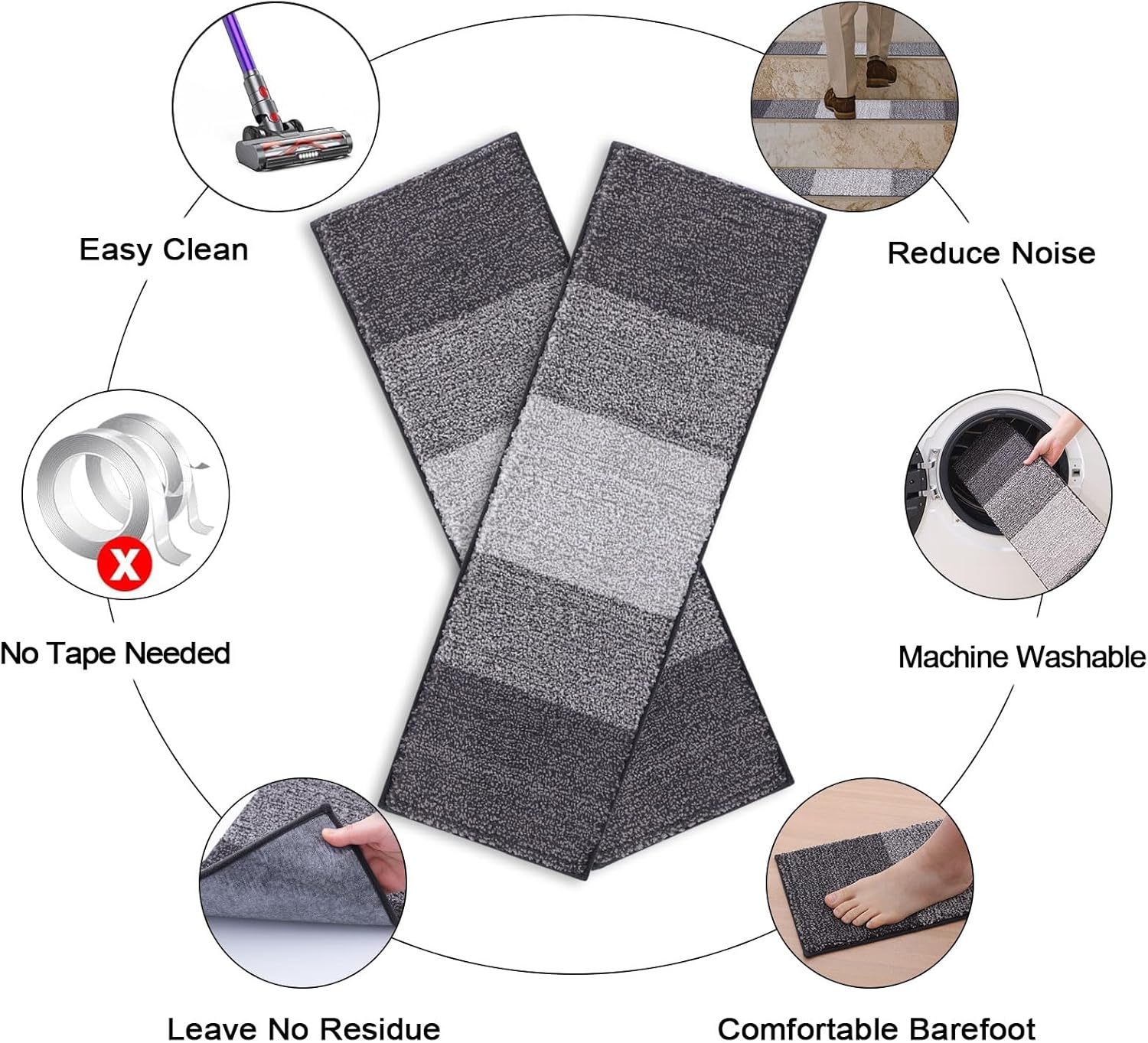 OLANLY Non-Slip Stair Treads - 15PCS Indoor Stair Runners for Wooden Steps | 8" x 30" Grey Edging Rugs