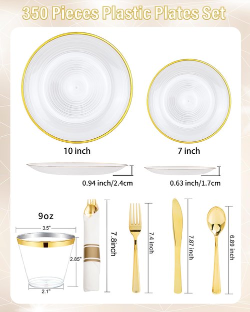 Morejoy 350PCS Pearl White and Gold Plastic Plates - Disposable Gold Party Plates & Pre Rolled Napkins with Cutlery for 50 Guests, 100Plates, 150Silverware, 50Cups, 50Napkin for Party & Mother's Day