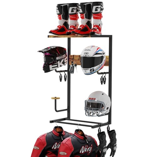 Motorcycle Helmet Rack Wall Mount,33.5"x20"x12" Universality Sport Gear Organizer with 6 Glove Clips & 6 Key Hooks,70LBS Capacity Storage Shelf for Helmets,Racing Suits,Jackets,Boots
