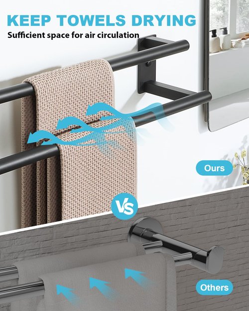 Alise Bathroom Double Towel Bar, 24 Inch Wall Mount Towel Holder, Towel Racks for Bathroom, SUS304 Stainless Steel Towel Hanger, Thickened Pipe with Strong Load-Bearing Capacity, Matte Black