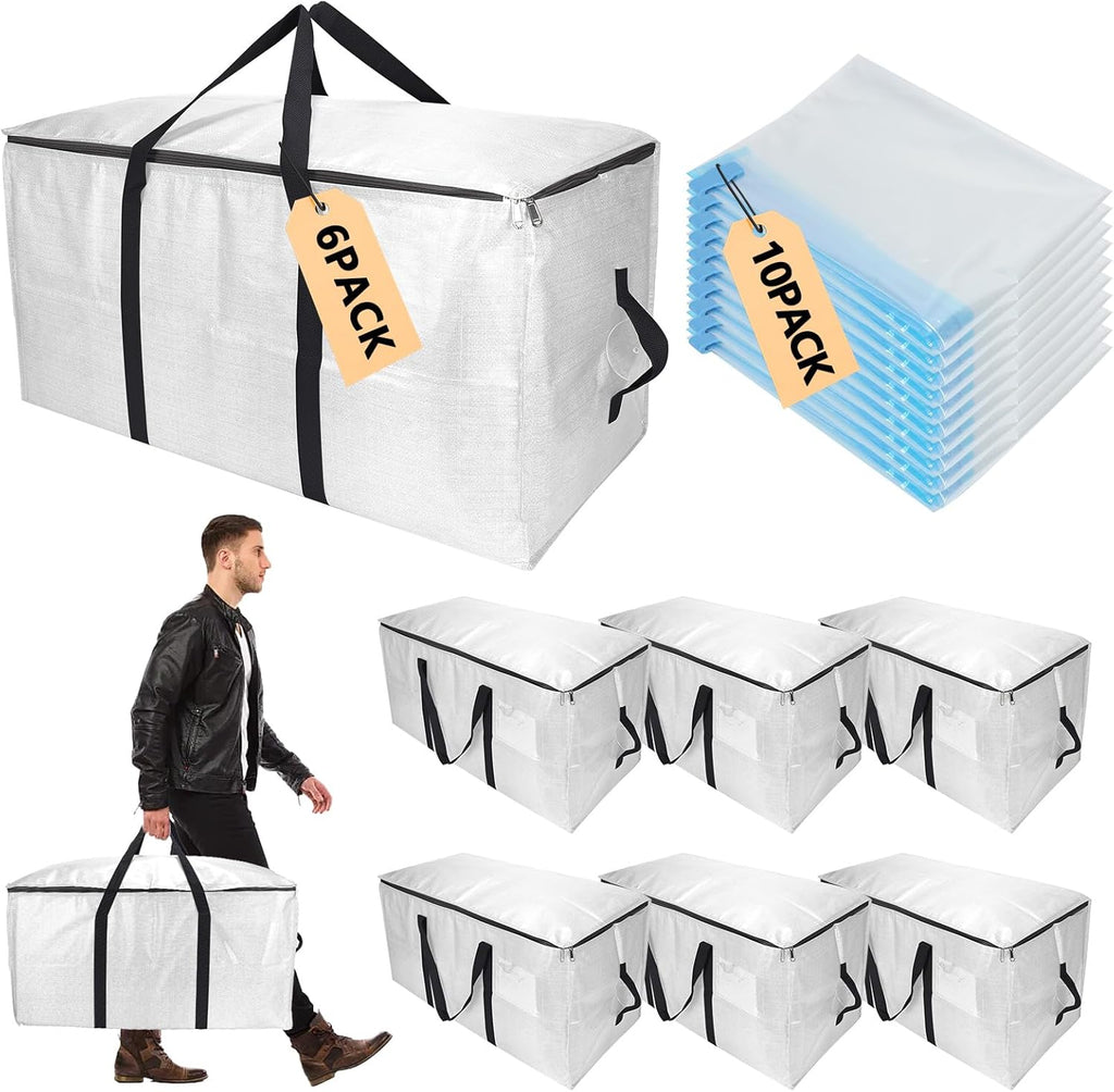 Skiennix Extra Large Heavy Duty Storage Bags Set - Waterproof Moving Totes with Handles | 6 Bags & 10 Vacuum Seal Bags for College Dorm, Travel, Camping