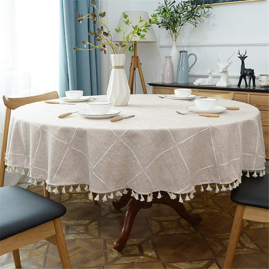 Fhberni Round Tassel Plaid Tablecloth, Heavy Weight Cotton Linen Fabric Table Cover Kitchen Dining Tabletop Decoration, Beige Round 48" (Recommended for Table Sizes up to 32")