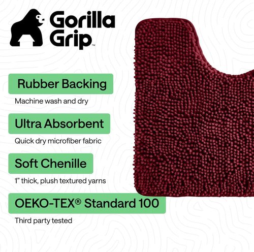 GORILLA GRIP Plush Bath Rug Mat - Absorbent Shaggy Chenille for Oval Toilet Base | Burgundy, Machine Washable