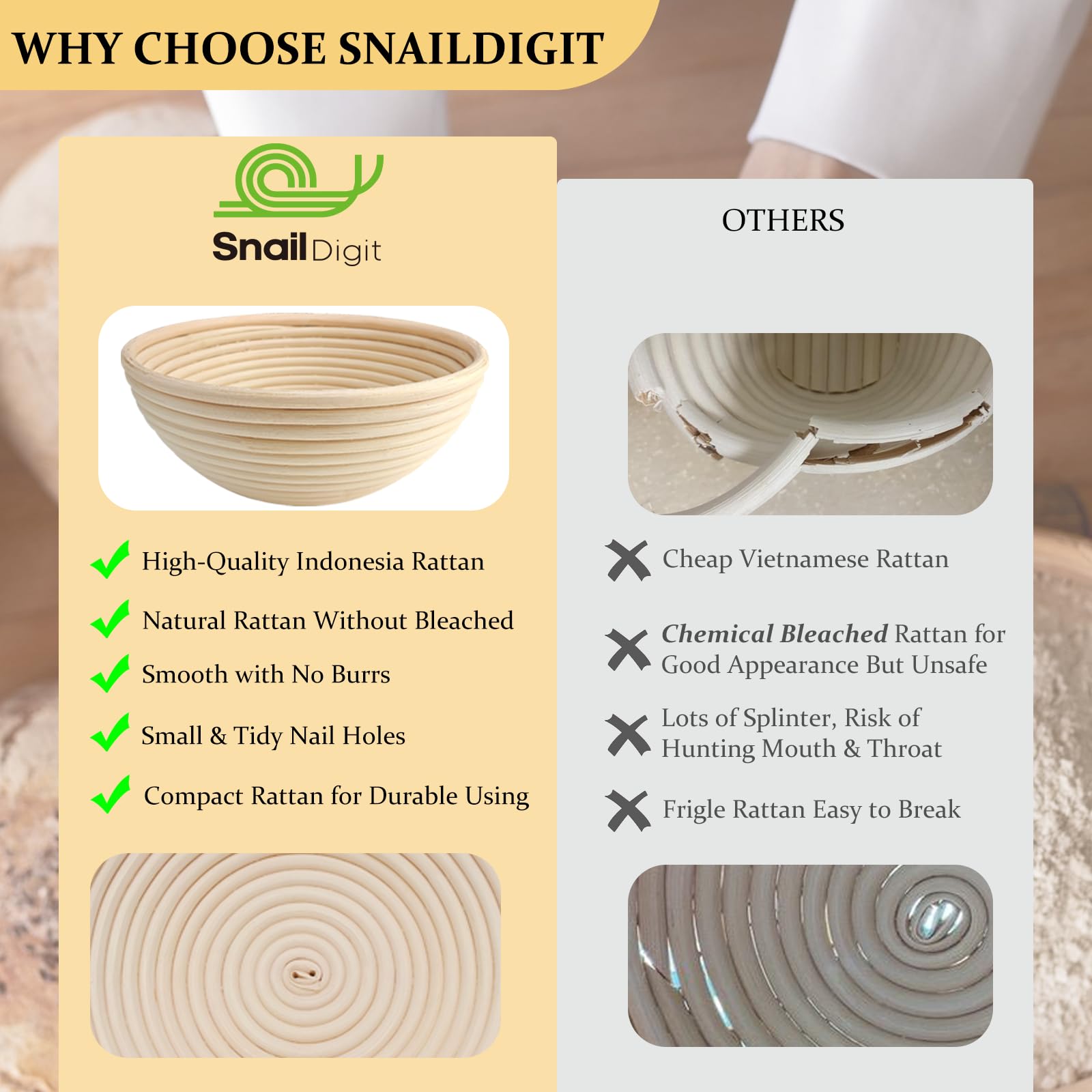 SNAILDIGIT Banneton Bread Proofing Basket Set of 2: 9 Inch Round Sourdough Proofing Bowls for Artisan Bread Making for Professionals and Home Bakers