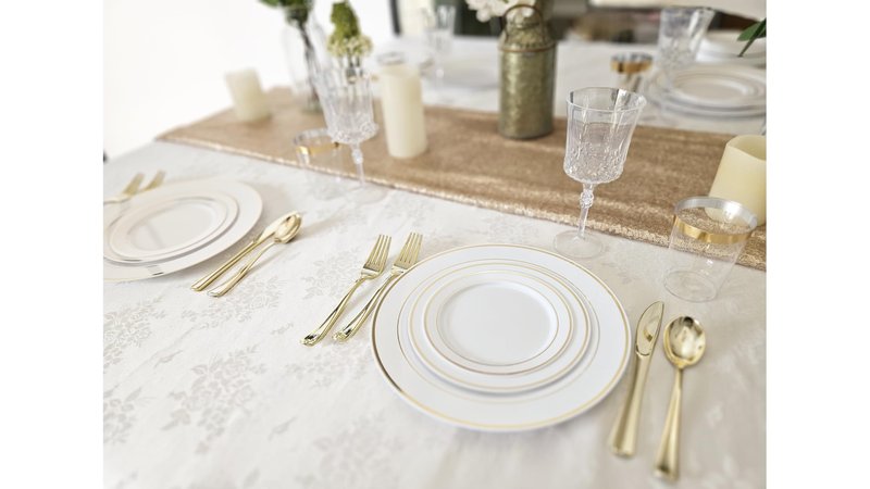OCCASIONS 80 Plates Pack,(40 Guests) Heavyweight Premium Wedding Party Disposable Plastic Plates Set -40 x 10.5'' Dinner + 40 x 7.5'' Salad/Dessert (White & Gold Rim)