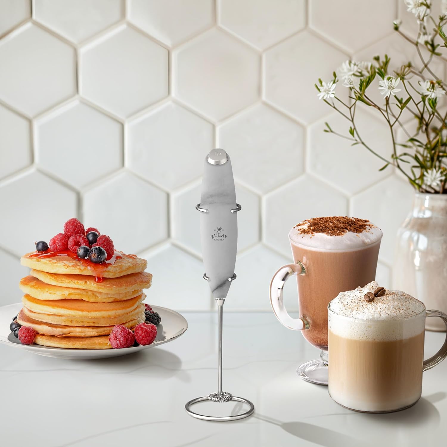 Zulay Kitchen Milk Frother Wand - Ultra Fast Handheld Drink Mixer with 4 AA Batteries - Marble Finish for Coffee, Lattes & More