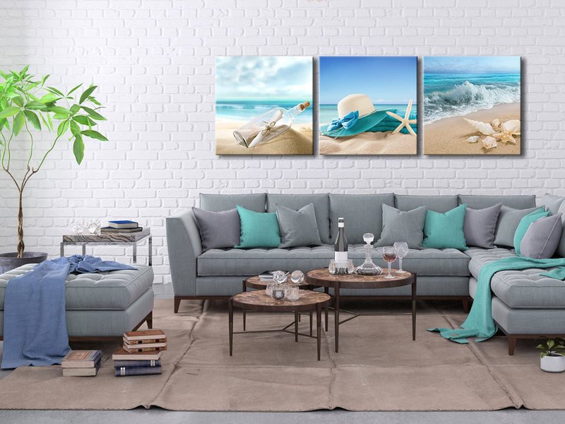 Pyradecor 3 Piece Starfish Seashell Bottle Beach Pictures Paintings on Canvas Prints Wall Art Work for Living Room Home Office Decorations Large Modern Gallery Wrapped Seascape Seaview Artwork