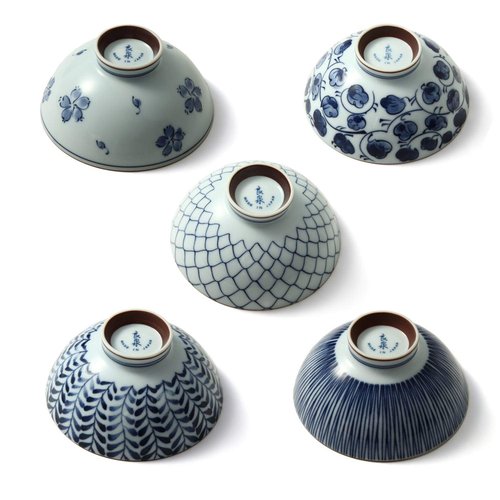 Mino Ware Japanese Pottery Set - Traditional Rice Bowls - Blue and White Asian Bowls - Hand Painted - Premium Ceramic - 5 Piece Soup Bowl Set