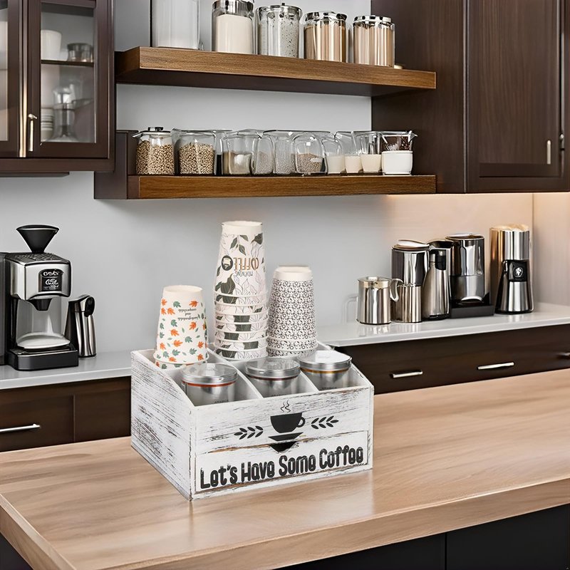 Nicunom Coffee Station Organizer for Countertop, Coffee Bar Accessories Organizer Rustic Wood K Cup Espresso Pod Holder, Coffee and Tea Condiment Storage Caddy for Cups, Coffee Pods, Sugar, Syrup