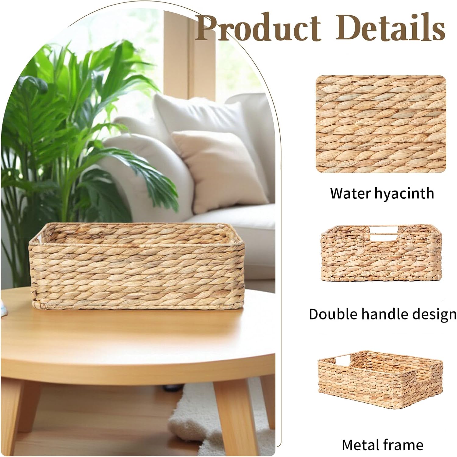 YAHUAN Water Hyacinth Storage Baskets - Stylish Organizing Solution with Handles | Square Shallow Design