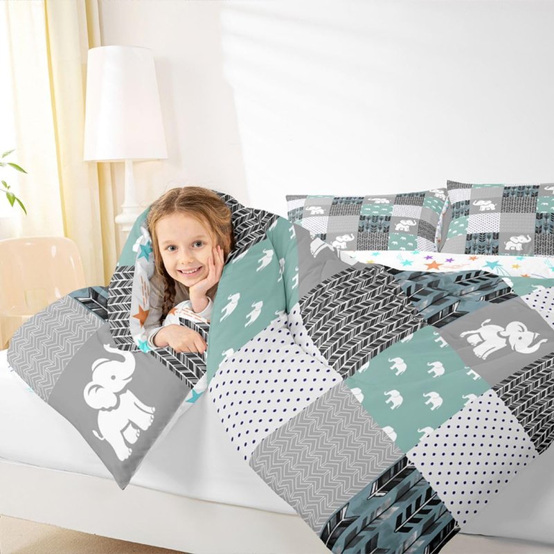 Feelyou Cute Elephant Comforter Boho Buffalo Check Plaid Bedding Set for Boys Girls Women Men Famhouse Geometric Comforter Set Teal Gray Bohemian Arrow Room Decor Twin Size Quilt 2Pcs Boys