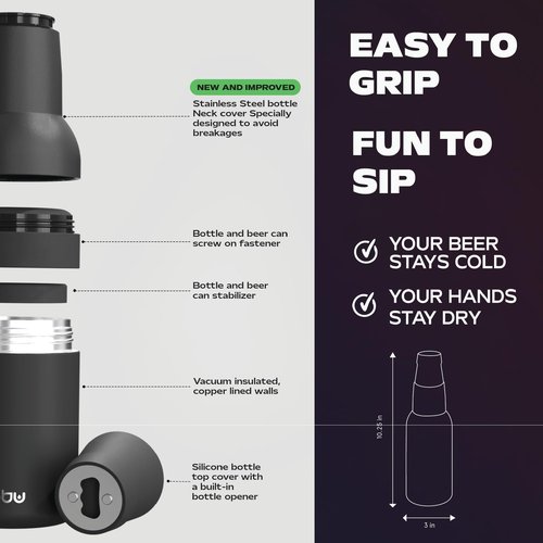 Asobu Frosty Beer Holder 2 Go Vacuum Insulated Double Walled Stainless Steel Beer Can and Bottle Cooler with Beer Opener, Bpa Free, Fits Standard 12oz Bottles, Gift for Beer Lovers (Midnight Black)