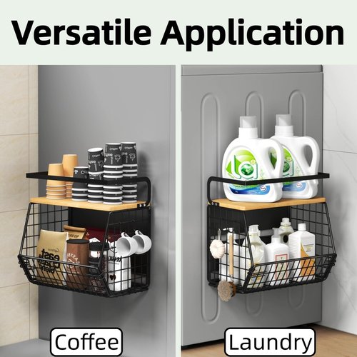 DecruKaltiz Magnetic Shelf for Fridge with Bamboo Lid,Fruit Vegetable Potato and Onion Wire Basket, Refrigerator Magnetic Spice Rack for Countertops, Cabinets, Laundry Rooms and RVs (Black, 2 Pack)
