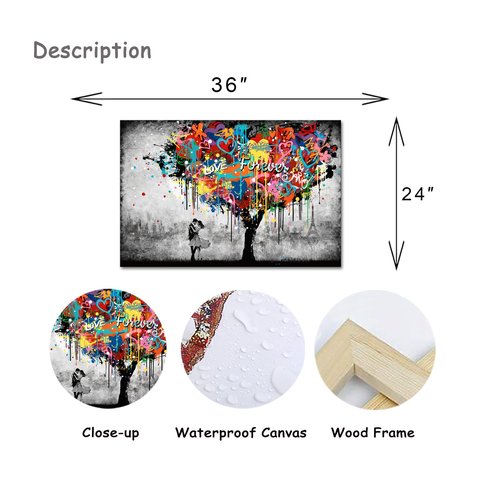 Artmyharbor Heart Tree Painting Graffiti Wall Art Bedroom Wall Decor 24 x 36 inches