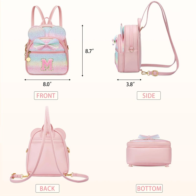 KKXIU Initial Bowknot Mini Backpacks for Girls Women, Small Cute Backpack Purse, Personalized Birthday Gifts for Toddler, Kids and Teen Girls(M, Rainbow)