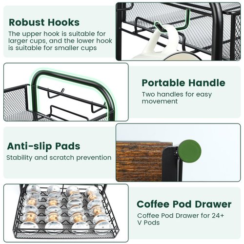 seaflash Coffee Bar Organizer, Station Mug Holder for Countertop, Multi-Functional 3 Tier Coffee Cup Tree Rack for Kitchen, Storage Shelf with 10 Hooks, Vertuo Pods Drawer for Home Office