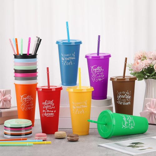 Mifoci Bulk Employee Appreciation Gifts 24oz Plastic Cups Tumblers with Lid Straw Reusable Inspirational Teacher Employee Appreciation Cups for Staff Volunteer Coworker Gifts(Multicolor,30 Pcs)