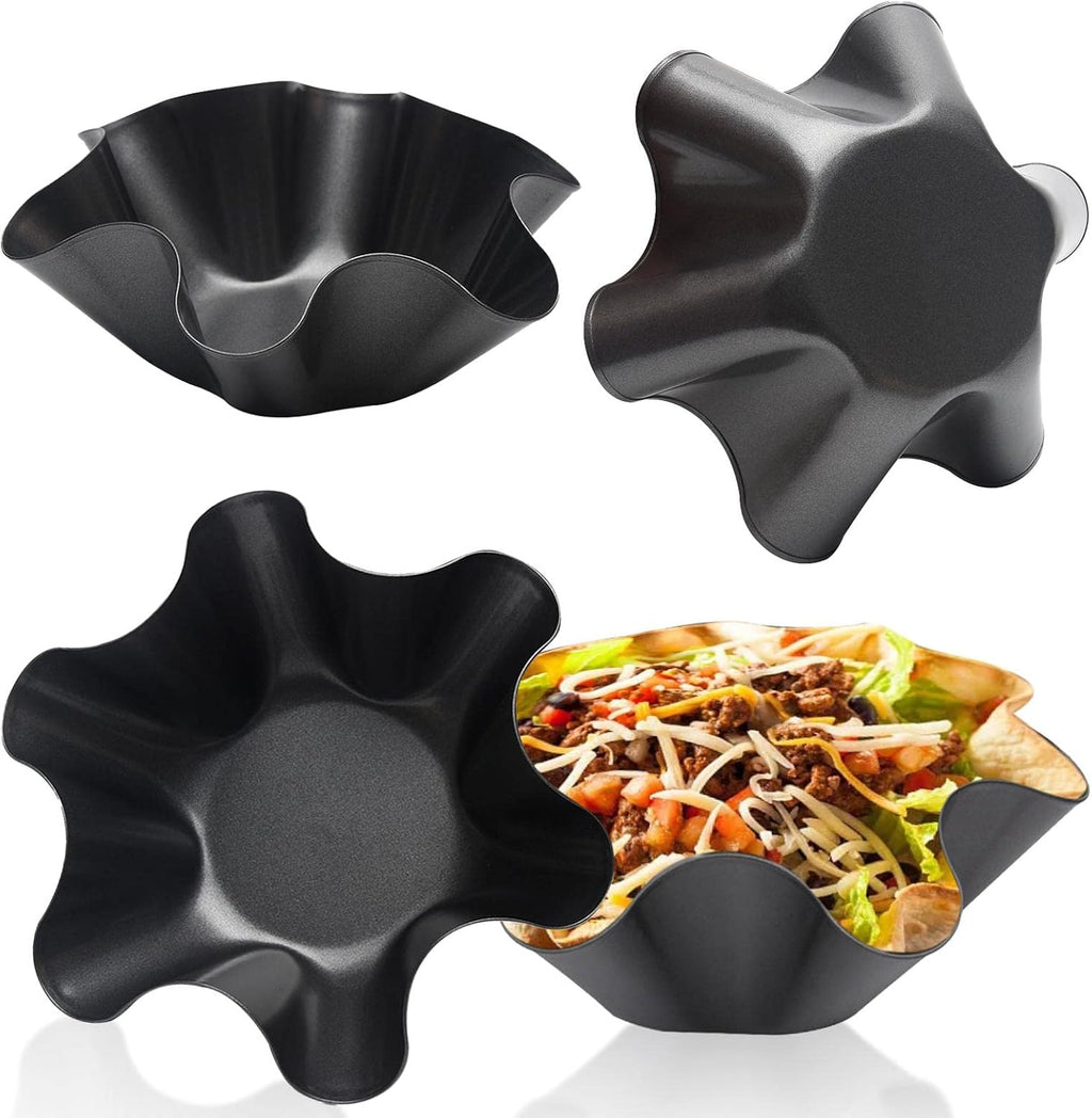 Skiennix Taco Salad Bowl Maker Set - 4 Pack Nonstick Carbon Steel Tortilla Pans | Large 6-Petaled Flower Design