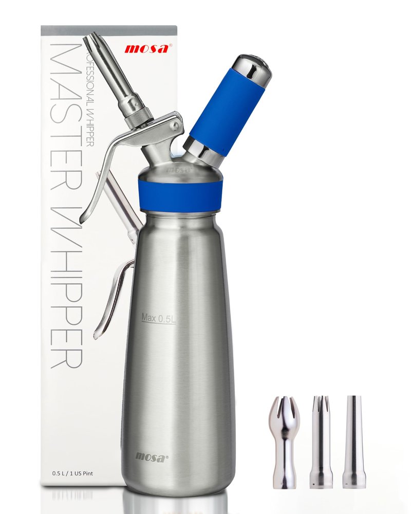 MOSA Professional 1 Pint (500mL) Blue Stainless Steel Whipped Cream Dispenser, 3-in-1 Cream Whipper, Nitro Cold Brew Maker & Soda Siphon, Fits 8g N2O, 2g N2 & 8g CO2 Chargers, NSF Certified
