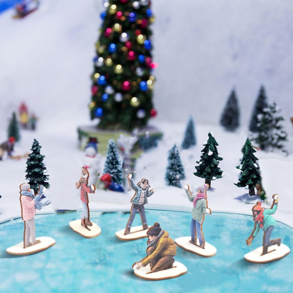 Weysat Christmas Village Snowball Fight Figurines - 12-Piece Wooden Model Set for Winter Decor